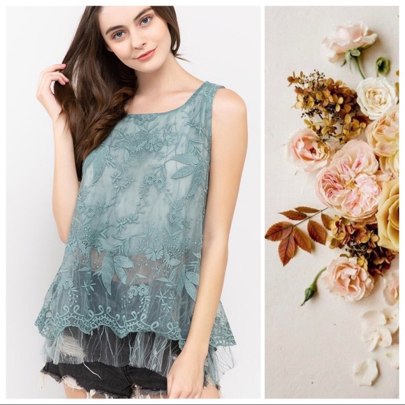 POL Tiffany Blue Sage Tulle Tunic Top - Picture 2 of 9